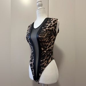 Leopard mesh bodysuit with black leather on placket!